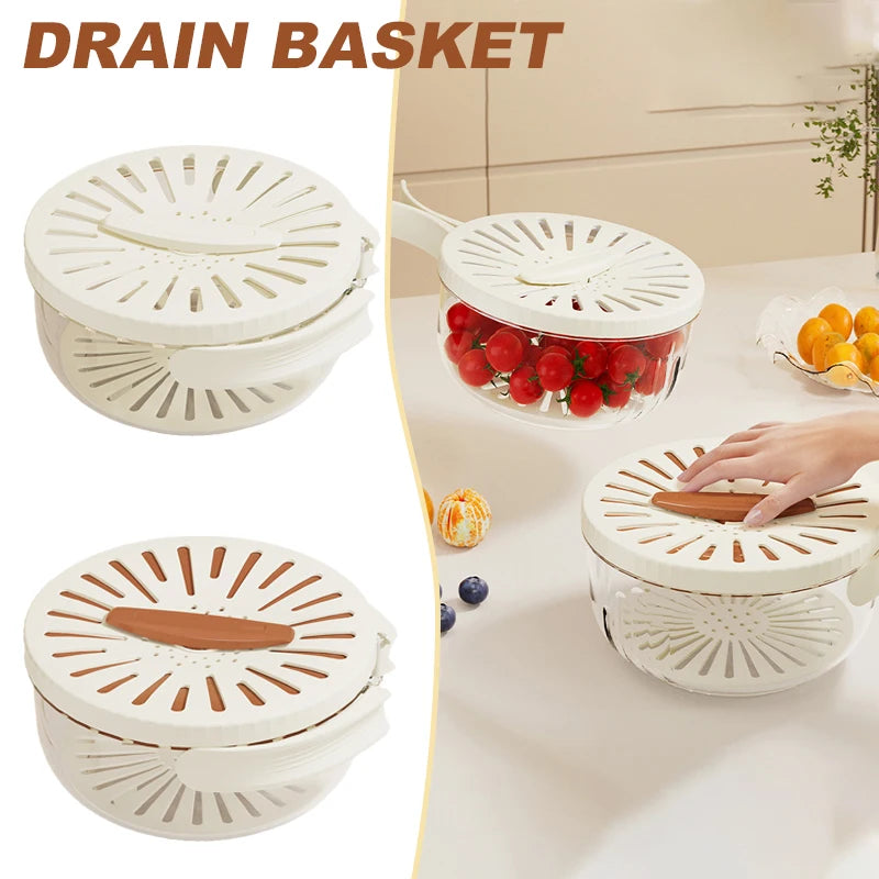 Fruit Drain Basket with Lid Vegetable Washing Bowl Foldable Handle Cleaning Colander Plastic Refrigerator Crisper Kitchen Box