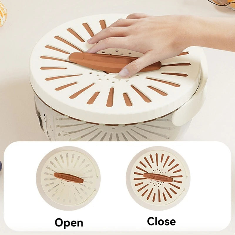 Fruit Drain Basket with Lid Vegetable Washing Bowl Foldable Handle Cleaning Colander Plastic Refrigerator Crisper Kitchen Box