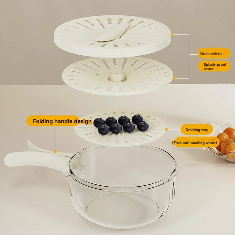 Fruit Drain Basket with Lid Vegetable Washing Bowl Foldable Handle Cleaning Colander Plastic Refrigerator Crisper Kitchen Box